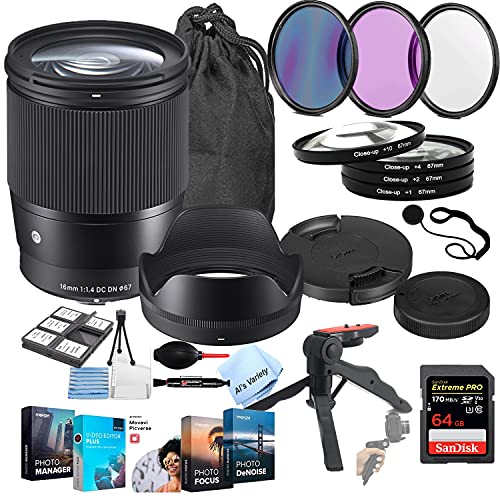 Sigma 16mm f/1.4 DC DN Contemporary Lens for Sony E W/Extreme Pro SD Card, Photo Edit Software, + More (27pcs)