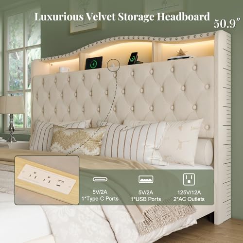 Image of Belffin King Size Bed Frame and Headboard, 50.9 inch Velvet Upholstered Wingback Bedframe with LED Lights & Storage /Charging Station, Button Tufted Tall Footboard, No Box Spring Needed, Noise-Free, Beige