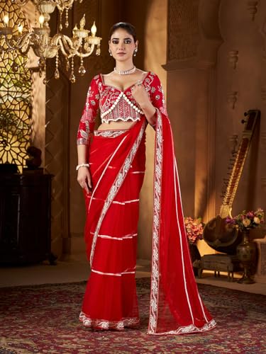 Image of Pandadi Saree Women's Net Embroidery Work Saree With Unstitched Blouse Piece