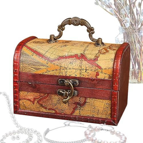 - Baúl de madera pequeño con cerradura y asa, caja del tesoro para joyas, juguetes, regalos y decoración del hogar, caja de madera