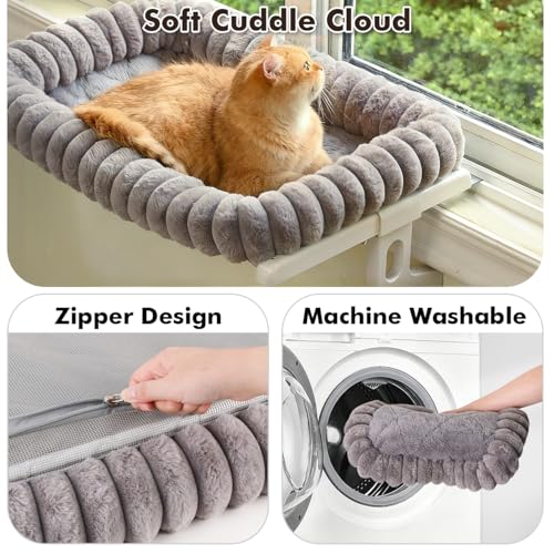 Image of Cloud-Cuddle Cat Window Perch with 4-Sided Bolster, Zipper Design Cushion Window Seat for Window Sill, Sturdy Metal Frame & Easy Assembly Pet Hammock Bed for Indoor Cats (Gray, Large)