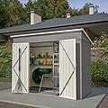 YOPTO 4x8 FT Lean to Outdoor Storage Shed with Floor,Metal Shed W/Lockable Door,All Weather Waterproof Garden Tool House W/ 2 Air Vents,for Backyard,Patio,Lawn,Garden,Gray