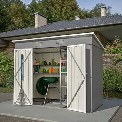 YOPTO 4x8 FT Lean to Outdoor Storage Shed with Floor,Metal Shed W/Lockable Door,All Weather Waterproof Garden Tool House W/ 2 Air Vents,for Backyard,Patio,Lawn,Garden,Gray
