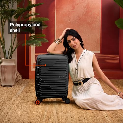 Image of Nasher Miles Cairo Hard-Sided Polypropylene Cabin Luggage 20 inch | 55cm | 8 Wheels Small Trolley Bag for Travel | Suitcase (Black & Orange)