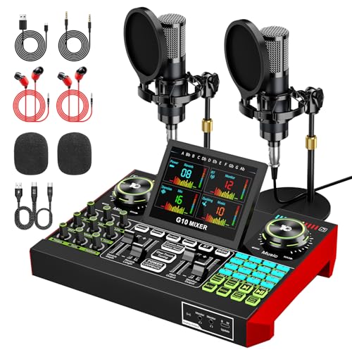 tenlamp G10 Podcast Equipment Bundle for 2 with Live Sound Board Audio Mixer - Two Condenser Mics, Voice Changer, Noise Reduction, for PC/Phone Streaming, Gaming, Singing, Podcast, Recording