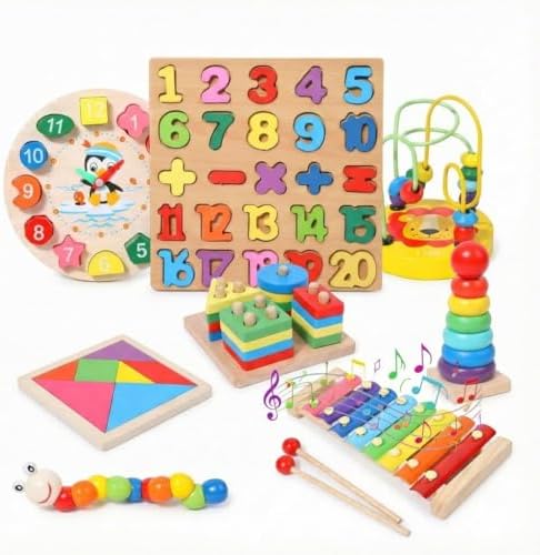 Educational Wooden Montessori Toys Set – 8-in-1 Learning Blocks, Shape ...