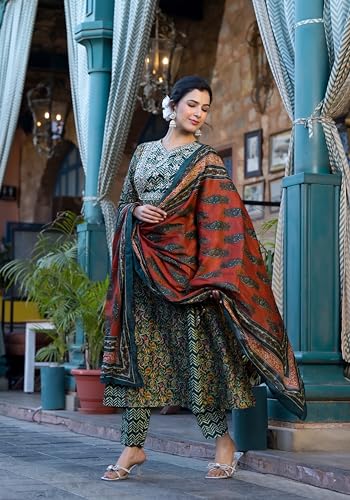 Image of MIRCHI FASHION Women Cotton Printed and Embellished Jaipuri Kurti Set with Pant with Dupatta