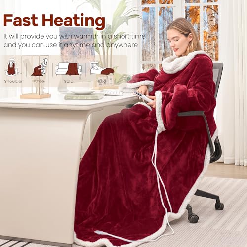 Heated Blanket Wearable Electric Blanket with Foot Pocket and Sleeves, Heating Throw Blanket, Electric Snuggle Blankets, 6 Heating Levels Setting & 4 Hours Auto Shut Off, Machine Washable (Long, Wine)
