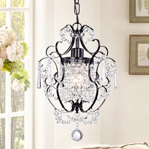 Image of Prop It Up Crystal Chandelier Light Fixture, Intricate Design with Dangling Crystals, Black Finish, Bulb Not Included