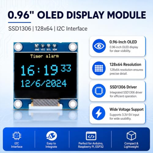 Image of 0.96 Inch OLED Display Module SSD1306 128x64 Pixel I2C IIC Serial Screen, Blue Display for Arduino, Raspberry Pi, ESP32 Projects (3.3V-5V)