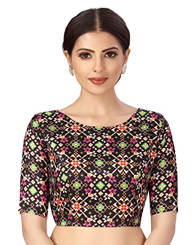 Image of Studio Shringaar Women Crepe Readymade Ikkat Printed Elbow Length Sleeve Saree Blouse