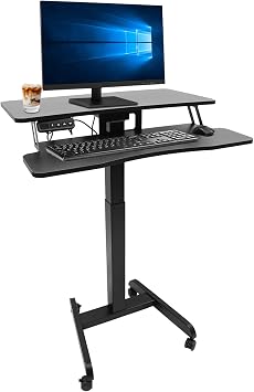 Electric Height Adjustable Standing Desk on Wheels, Mobile Rolling Computer Workstation with Locking Casters & Keyboard Tray, Sit Stand Desk for Home Office, Black