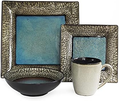 American Atelier Square Dinnerware Sets | Blue Kitchen Plates, Bowls, and Mugs | 16 Piece Stoneware Via Roma Collection | Dishwasher and Microwave Safe | Service for 4