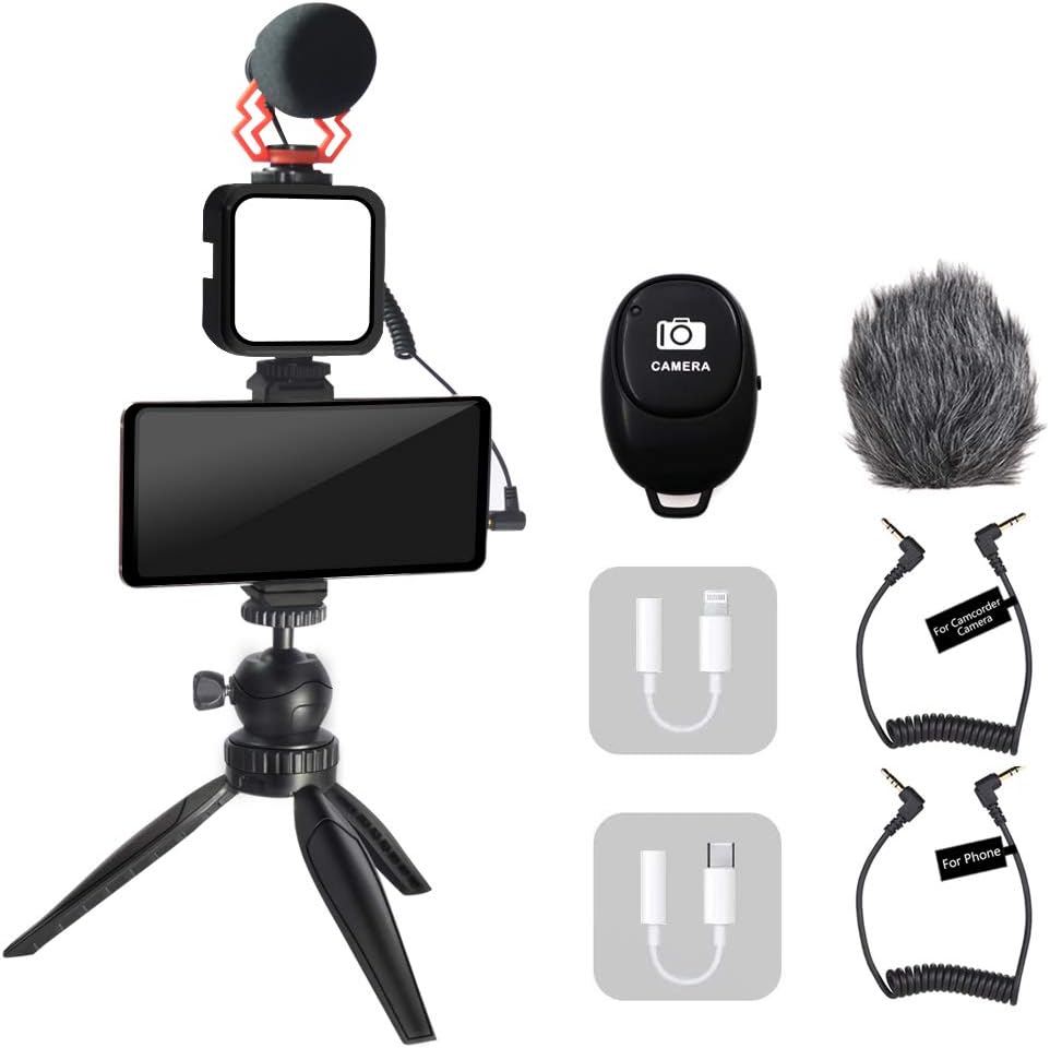 Mcoplus Video Vlogging Kit Smartphone Video Microphone Kit with Tripod/Phone Clip/LED Light/mic/3.5mm/Type-c/iPhone Lightning Cable/Remote Control, for iPhone X Samsung Huawei/Sony a7 Camera