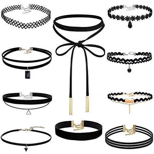 Akstore 10 PCS Velvet Choker Classic Choker Necklace Layered Black Chokers Necklaces Cute Black Velvet Choker Necklace Womens (10)