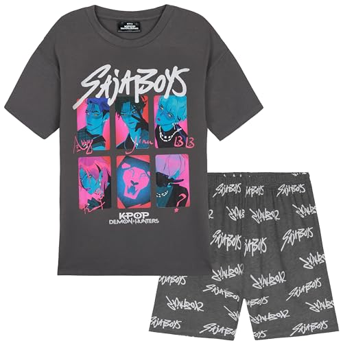 KPop Demon Hunters Officially Licensed 2-Pc Pajamas Set Girls 514 Yrs Soft PJs Lounge Set T Shirt Shorts Gifts for Girls (11-12 Years Grey Saja Boys)