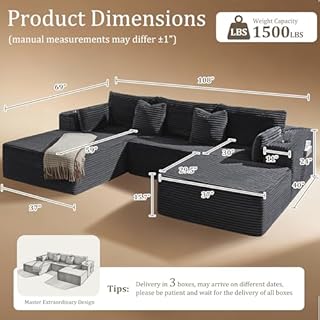 VYUXWO 108" Cloud Sectional Couch, Comfort U Shaped Boneless Couch for Living Room, Extra Deep Seats No Assembly, Minimalist Modular Sofa, Corduroy (Dark Grey, 2 Seater+Right Facing Chaise+Ottoman)