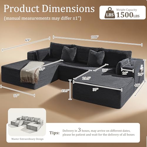 Image of 108 inch Oversized Cloud Sectional Couch, Comfort U Shaped Boneless Couch for Living Room, Extra Deep Seats No Assembly, Modular Sofa, Corduroy (Dark Grey, 2 Seater + Left Facing Chaise + Ottoman)