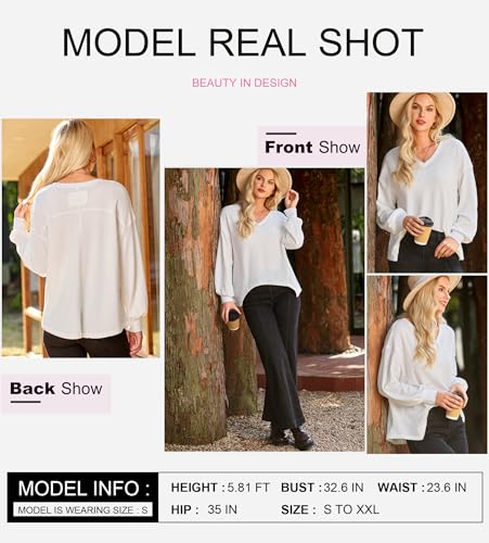 Image of Dokotoo Womens Waffle Knit Tops Trendy Fashion 2026 Oversized T Shirts | Lightweight,V Neck,Casual,Batwing Sleeve,Loose Fit,Irregular Hem,Boyfriend Style,Oversized,Fall Outfits