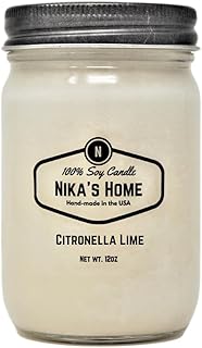Nika's Home Citronella Lime Soy Candle 12oz Mason Jar Non-Toxic Natural White Soy Handmade, Long Burning 50-60 Hours Highly Scented All Natural, Clean Burning Candle Gift Décor