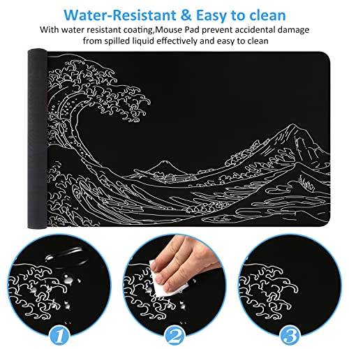 Icasso Extended Gaming Mouse Pad (35.4X15.7 In), Large Stable Rubber Base Mousepad With Stitched Edges, Keyboard Mouse Mat Desk Pad For Work, Game, Office, Home - Black Wave Of Kanagawa #TOP3