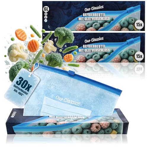 com-four® 30x Gefrierbeutel 6 Liter zum Verschließen,...