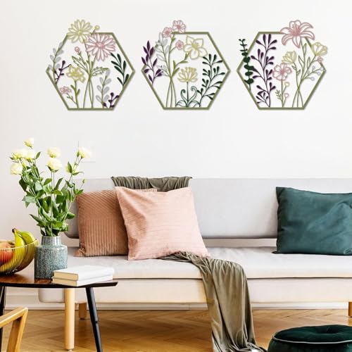 ESTART 3 Stück Metall-Blumen-Wanddekoration, minimalistische Blumenwanddekoration, abstrakte Linie, florale Wandkunst-Skulptur für Schlafzimmer, Badezimmer, Wohnzimmer, Küche, Esszimmer (Mehrfarbig)