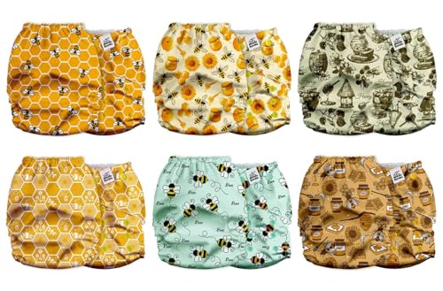Image of Mama Koala 2.0 Cloth Diapers for Babies with AWJ Lining, 6 Pack with 6 Bboo Cloth Diaper Inserts - Reusable and Washable Pocket Diapers (Busy Bees)