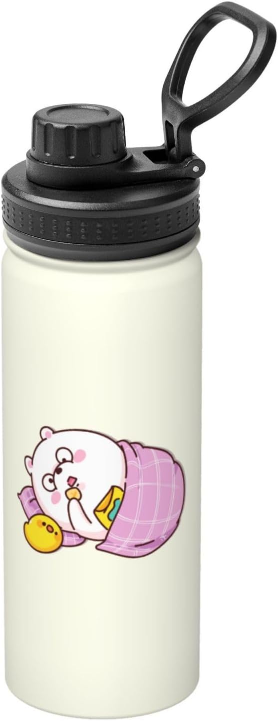 Cute Bear Sleeping In A Blanket Eating Snacks Water Bottle 18OZ Stainless Steel Insulated Water Bottles With Spout Lid Sports Keep Cold and Hot Water Bottle For Biking Hiking