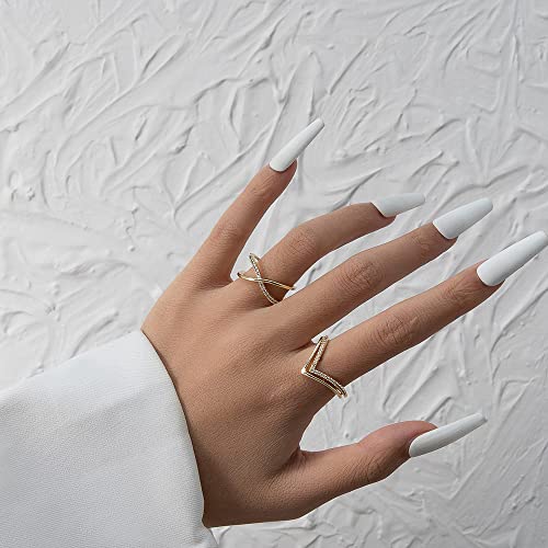 14K Plated Gold Rings For Women Dainty Adjustable Rings Wrap Around Chevron Pointed V Chain Rings Cubic Zirconia Stackable Open Rings Eternity Bands Fake Diamond Simple Finger Ring Jewelry Gifts For Teen Girls #TOP3