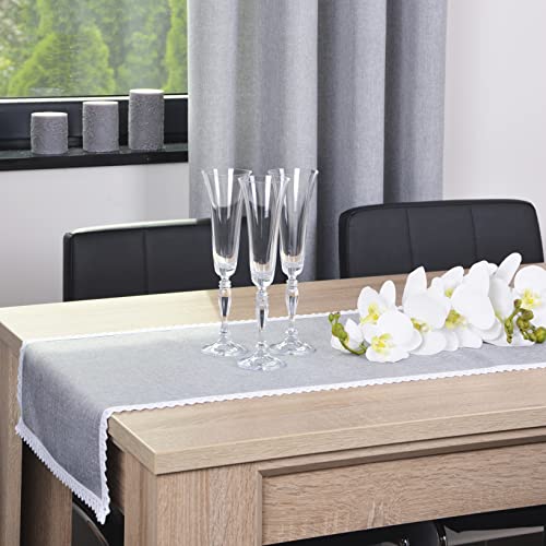 DECOOR - schmutzabweisende Tischdecke/Tischläufern, veredelt mit einer dekorativen 2 cm breiten Baumwollspitze, aus Jacquardgewebe 220g/m², 100% Polyester, hergestellt in EU (Grau, 40 x 220 cm) Cover