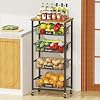 Kitchen Storage Cart with Wheels 5 Tier Metal Utility Rolling Cart Fruit Vegetable Storage Basket Pantry Rack with Wood Top Pull Out Baskets for Kitchen Livingroom Diningroom Office