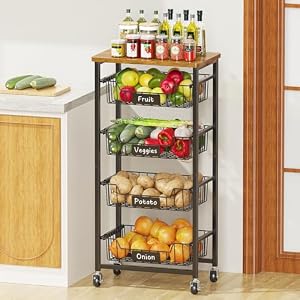 Kitchen Storage Cart with Wheels, 5-Tier Metal Utility Rolling Cart Fruit Vegetable Storage Basket Pantry Rack with Wood Top & Pull Out Baskets for Kitchen, Livingroom, Diningroom, Office Kitchen Storage Cart with Wheels 5 Tier Metal Utility Rolling Cart Fruit Vegetable Storage Basket Pantry Rack with Wood Top Pull Out Baskets for Kitchen Livingroom Diningroom Office
