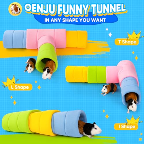 ONEJU Meerschweinchen Tunnel, Vier stapelbare Tunnel für Meerschweinchen, EIN rosa 3-Wege pielröhren und DREI verschiedenfarbige 2-Wege pielröhren, Rosa, Blau, Grün und Gelb