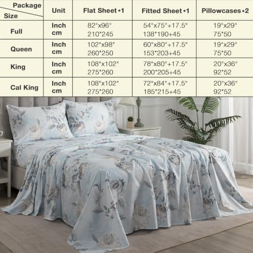 Image of Dusty Blue Floral Percale Sheets California King Deep Pocket, 4Pcs | 100% Cotton Neutral Print Sheet Set, Flower Leaf Farmhouse Bed Sheets, Cottage Core Designer Bedding, French Country, Coastal