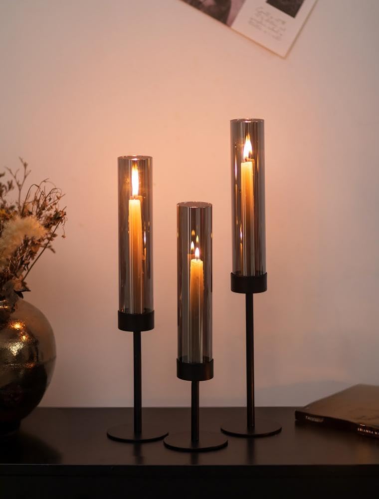 Sziqiqi 18pcs Zilveren Kandelaars Voor Bruiloft Tafel Centerpiece 48cm - Tall Taper Kandelaars Met Verwijderbaar Glas Decoratieve Orkaan Kandelaar Voor Fireplace Mantel Diner Tafel Decor