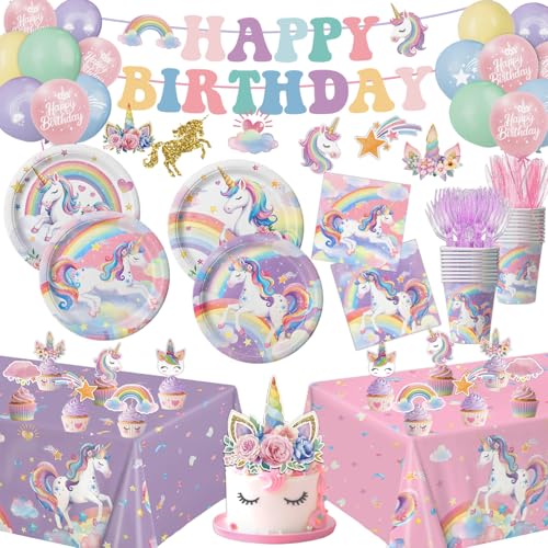 Unicorn Birthday Decorations Includes Plates, Napkins, Cups, Cutlery, Hanging Swirls,