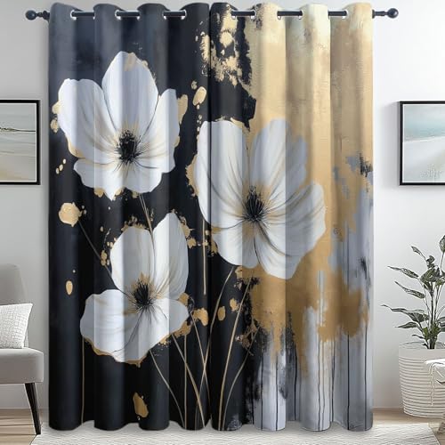 Genérico Cortinas Salon Modernas, Abstracto Flores Pintura impresión patrón, Oro Blanco Cortinas Opacas Termicas Aislantes, 140An x 280Al cm (2 Paneles) para la decoración del Dormitorio