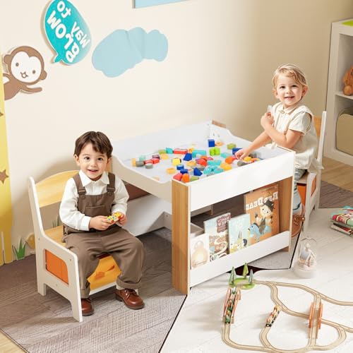 Image of GLACER Kids Table and Chairs, 4 in 1 Wooden Activity Table with Bookshelves, Reversible Tabletop, Chalkboard for Crafts, Drawing, Toddler Table and Chair Set, Easy to Clean (White + Natural)