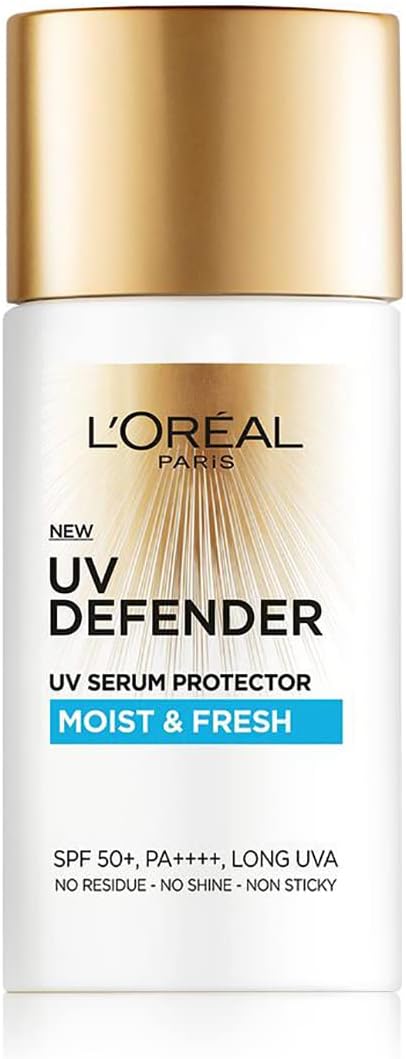L'Oréal Paris Sunscreen, Non-Greasy, Hydrating Sunscreen With Hyaluronic Acid, UVA & UVB Protection, With SPF 50 PA+++, Moist & Fresh, UV Defender Serum Protector, 50 ml