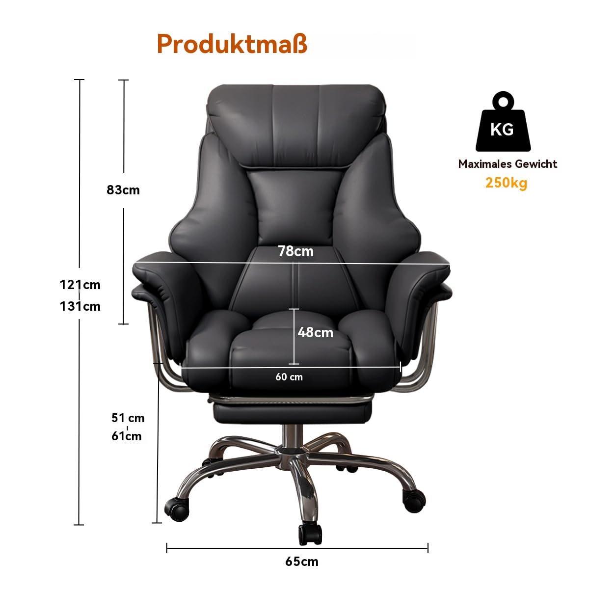 Großer und hoher Bürostuhl 250 kg Extrabreiter Leder-Chefsessel mit ausziehbarer Fußstütze Hochbelastbarer ergonomischer Stuhl Höhenverstellbarer Computerstuhl