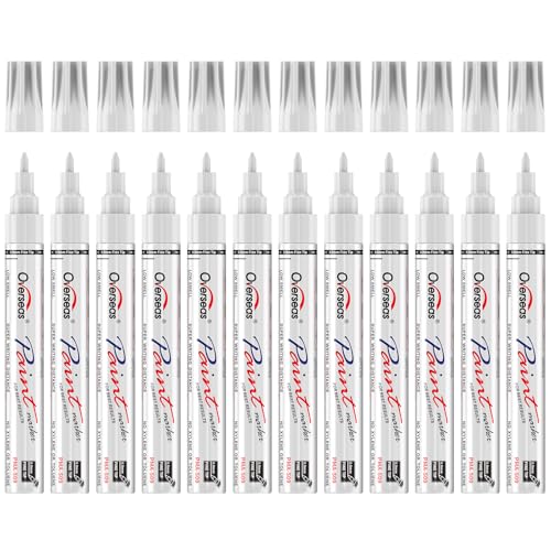 Overseas Oil-Based Fine Tip Paint Marker Pen - 12 Pack White 0.9mm Fine Nib Permanent Markers Quick Dry Waterproof Fade Resistant Paint Pens for Metal Wood Rock Plastic Ceramics Rubber Glass