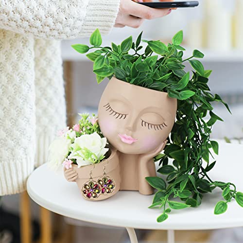 Hzdyopk Face Planter Pot - Double Flower Pots In One For Indoor & Outdoor Plant Diy Decoration, Cute Resin Cactus Planter Pot With Drainage Hole Closed Eyes(Beige) #TOP5