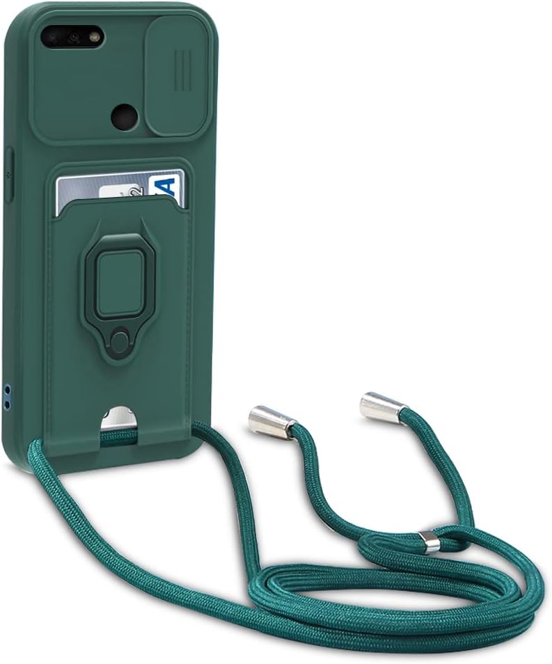 yanasuo Protección de Cámara Funda Compatible con Huawei Y7 2018/Honor 7C, con Anillo Soporte, Ajustable Collar Correa de Cuello Cordón Carcasa de Silicona-Verde Oscuro