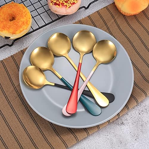 5 Pcs Soup Spoons, Stainless Steel Round Spoons, Dinner Spoons, Table Spoons, Colorful Handle Rice Spoons for Home Kitchen Restaurant
