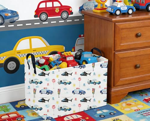 Image of Sanjiaofeng Rectangular Police Car Storage Basket,Boys Toy Storage Bin,Nursery Hamper,Kids Storage Basket with Handles for Car Decor,Home Organizer,Books Box,Gift Baskets(Police Cars)