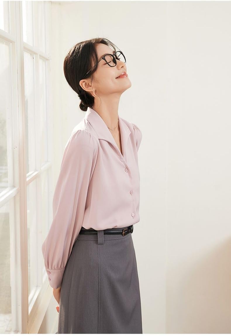 MAFSMJP Womens Boutton Down Shirt Pink Spring Satin V-Neck Interview Shirt for Lady