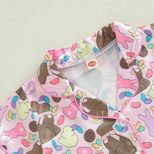 Toddler Baby Girl Easter Day Silk Pajamas Set Feather Trim Button Up Shirts Tops Shorts Pants Bunny Satin 2PCS Pj Set4