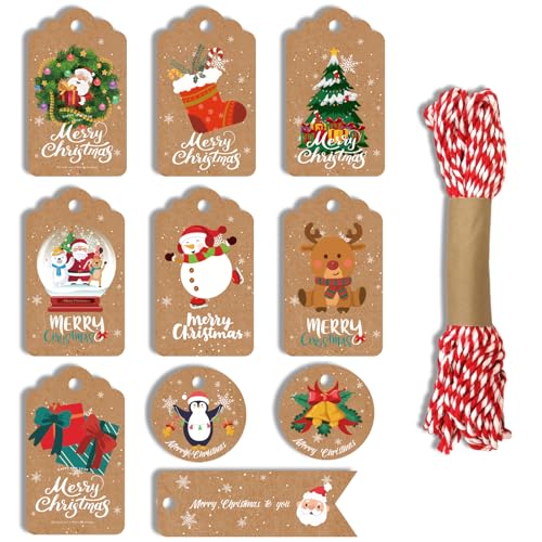 AUXHCYL 50 Pcs Christmas Tags for Present, 10 Styles Christmas Labels with Holes, Hanging Xmas Gift Tags with String for Decorating Christmas Trees or Gift Packaging