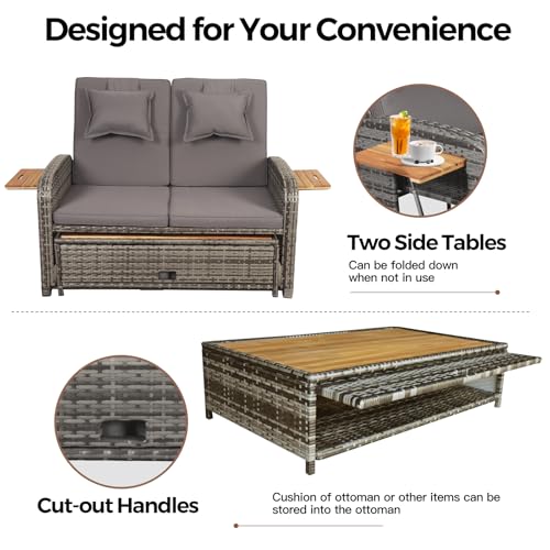 Panana Rattan Garden Daybed Sofa with Storage Ottoman, 2 Seater Outdoor Sun Lounger with Adjustable Backrest, Retractable Side Trays & Cushions, Loveseat Space Saving Patio Relaxing Chair Furniture 4 Panana Rattan Garden Daybed Sofa with Storage Ottoman, 2 Seater Outdoor Sun Lounger with Adjustable Backrest, Retractable Side Trays & Cushions, Loveseat Space Saving Patio Relaxing Chair Furniture - Image 4